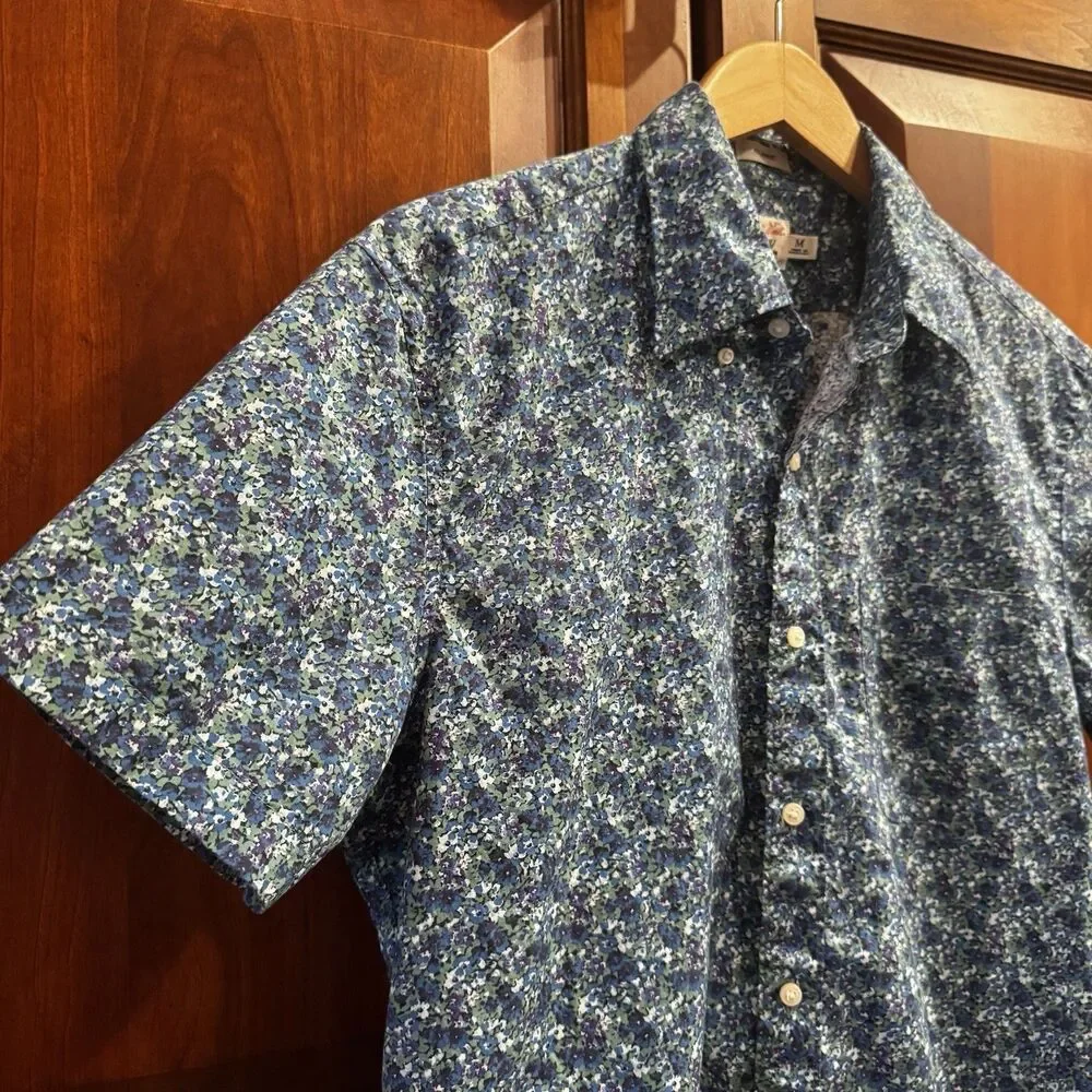 J.Crew Secret Wash Floral Button Down Cotton Shirt Blue Green Classic Fit Medium